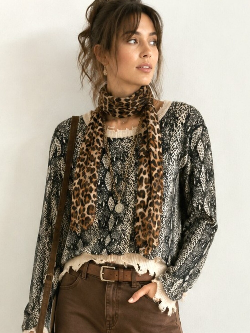 Fate Snakeskin Print Distressed Sweater Boho
